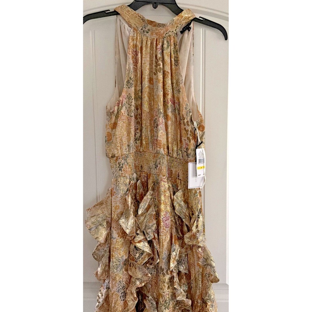 1.STATE Women's Sleeveless Cascading Ruffle Maxi Dress Cream Gold Multi Size M - Picture 6 of 15